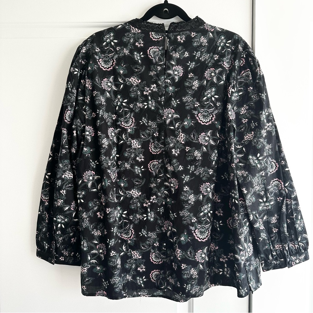 Lane Bryant Lace-Yoke Floral Long-Sleeve Blouse in Black and Pink - Picture 2 of 6